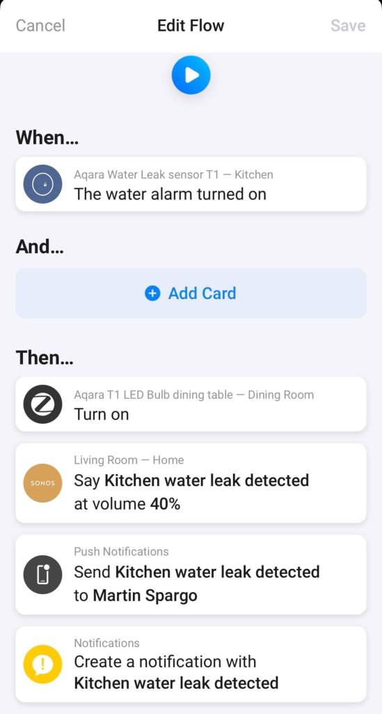 The kitchen water leak detected flow I setup in Homey